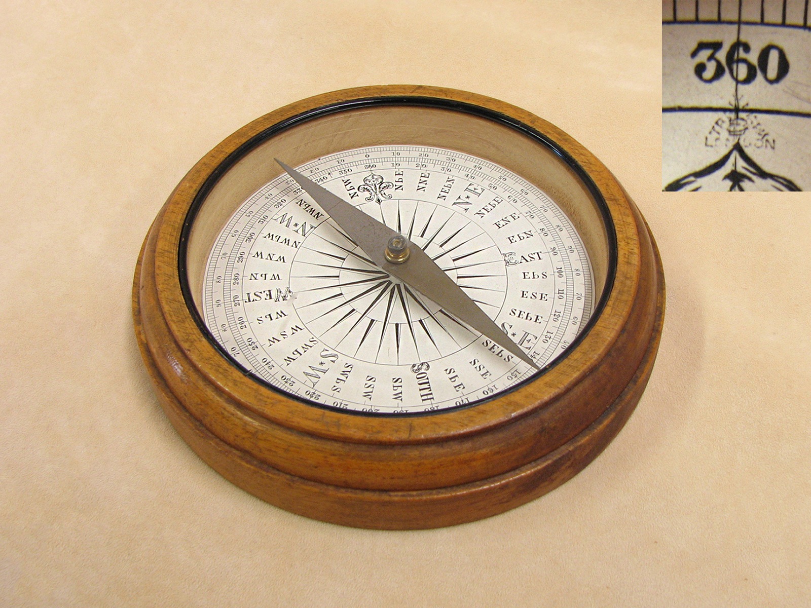 Late 19th century Francis Barker oak cased desktop compass with Trademark London logo